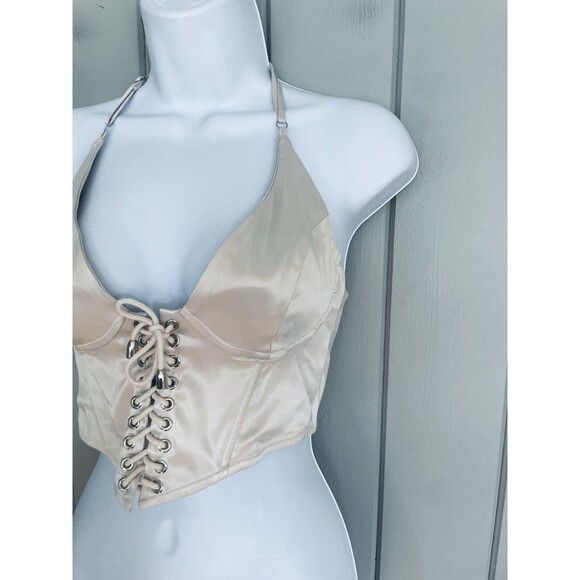 Superdown Revolve Corset Top S Small Cropped Satin Lace-Up Beige - Picture 3 of 5